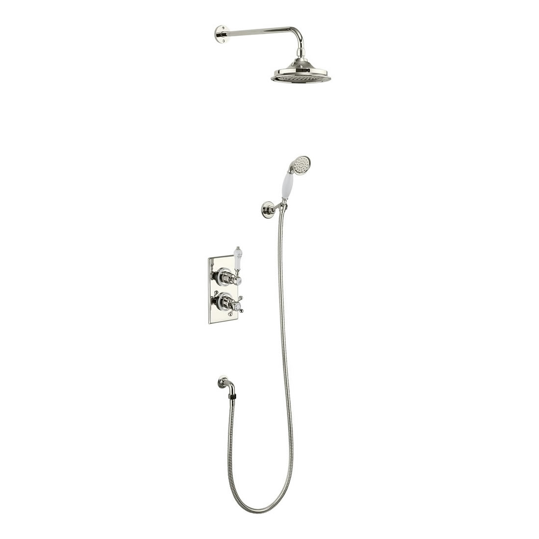 Trent Thermostatic Two Outlet Concealed Divertor  Shower Valve , Fixed Shower Arm, Handset & Holder with Hose with 9 inch rose  - NICKEL